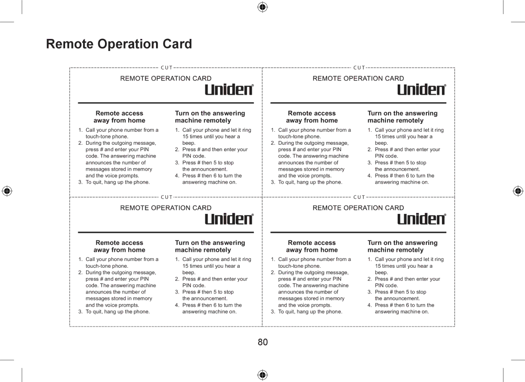 Uniden DSS7955+1, DSS7955+2 owner manual Remote Operation Card, Away from home Machine remotely 