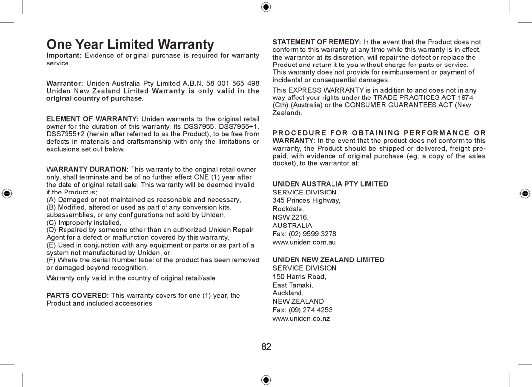 Uniden DSS7955+2, DSS7955+1 owner manual One Year Limited Warranty, Improperly installed 