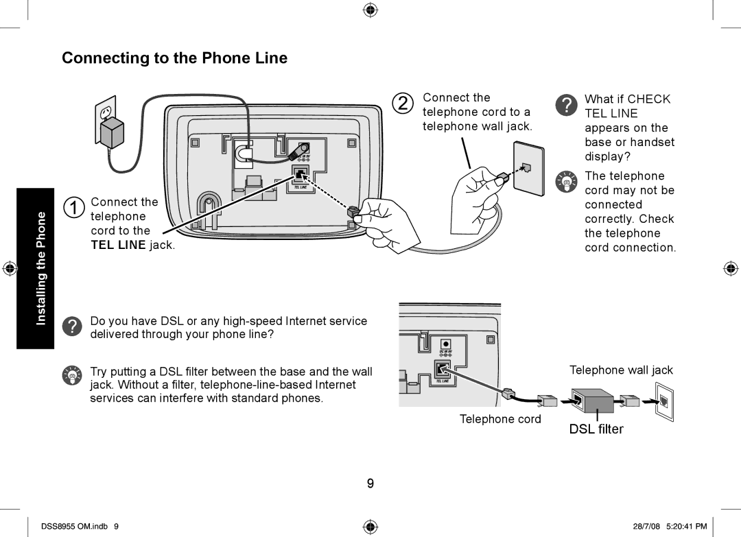 Uniden DSS8955+1, DSS8955+2, DSS8955+3 manual Connecting to the Phone Line, TEL Line jack 