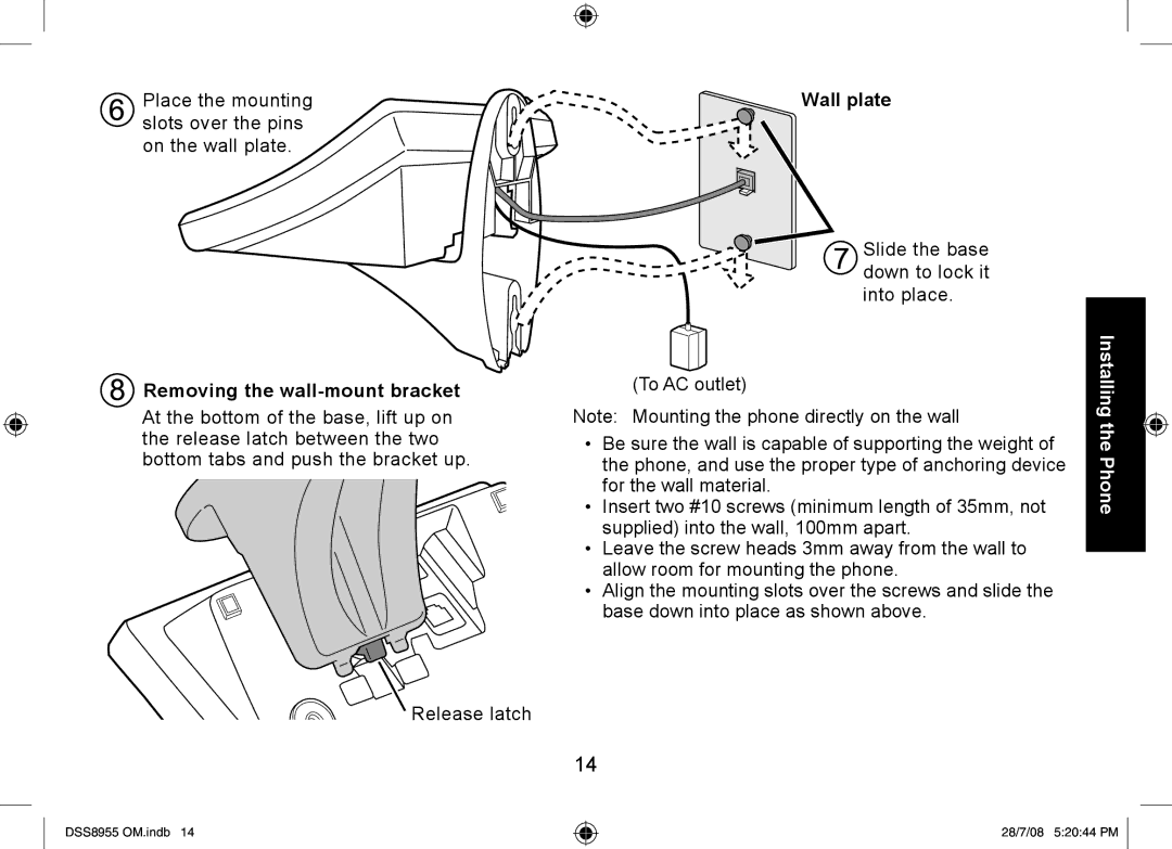 Uniden DSS8955+3, DSS8955+2, DSS8955+1 manual Removing the wall-mount bracket, Wall plate 