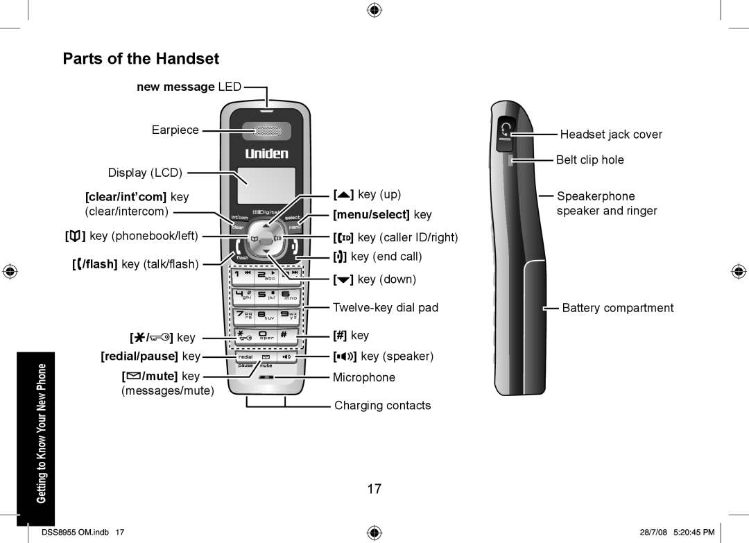 Uniden DSS8955+1 Parts of the Handset, Flash key talk/flash Key end call Key down, Key # key Redial/pause key, Mute key 