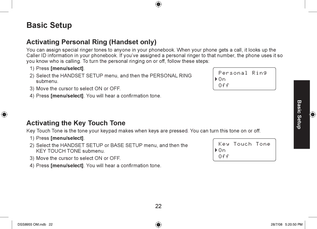 Uniden DSS8955+3 Basic Setup, Activating Personal Ring Handset only, Activating the Key Touch Tone, Press menu/select 