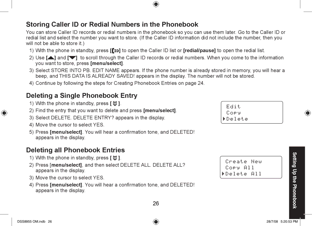 Uniden DSS8955+3, DSS8955+2 manual Storing Caller ID or Redial Numbers in the Phonebook, Deleting a Single Phonebook Entry 