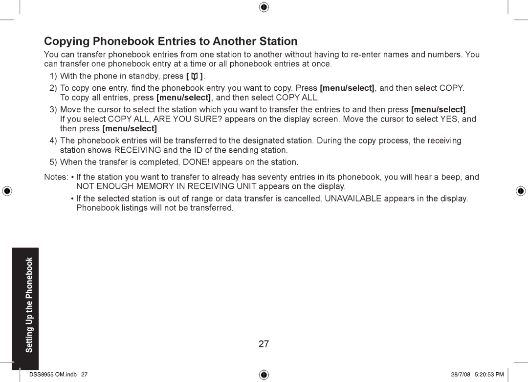 Uniden DSS8955+2, DSS8955+1, DSS8955+3 manual Copying Phonebook Entries to Another Station 