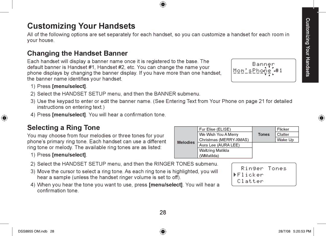 Uniden DSS8955+2, DSS8955+1, DSS8955+3 manual Customizing Your Handsets, Changing the Handset Banner, Selecting a Ring Tone 