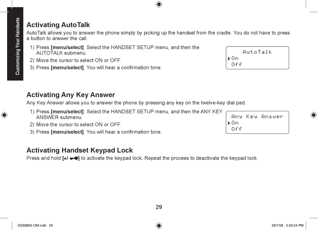 Uniden DSS8955+1, DSS8955+2, DSS8955+3 manual Activating AutoTalk, Activating Any Key Answer, Activating Handset Keypad Lock 