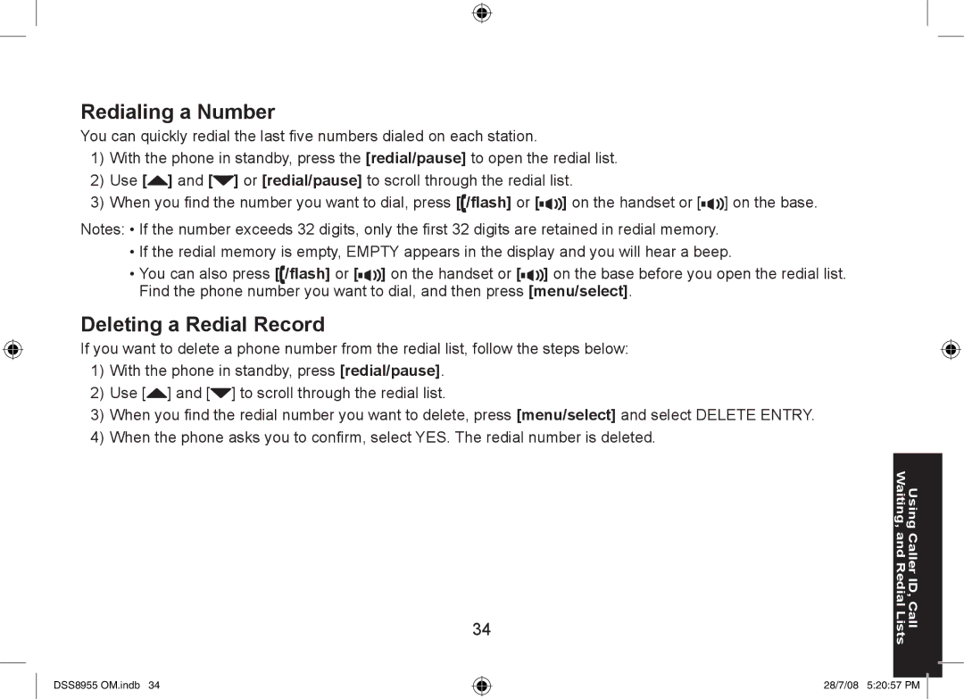 Uniden DSS8955+3, DSS8955+2, DSS8955+1 manual Redialing a Number, Deleting a Redial Record 