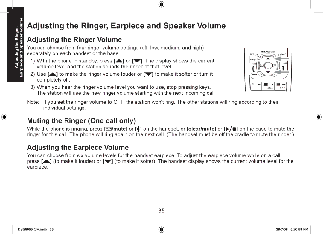 Uniden DSS8955+2, DSS8955+1, DSS8955+3 Adjusting the Ringer, Earpiece and Speaker Volume, Adjusting the Ringer Volume 