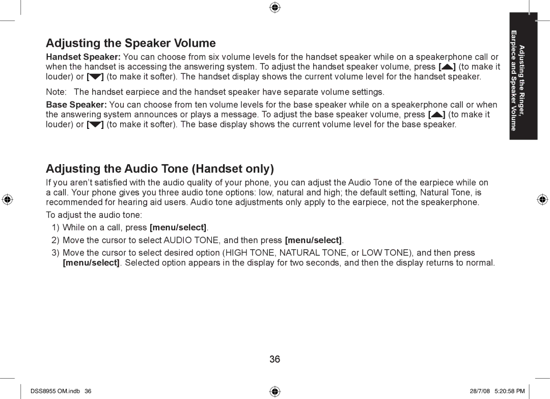 Uniden DSS8955+2, DSS8955+1, DSS8955+3 manual Adjusting the Speaker Volume, Adjusting the Audio Tone Handset only 