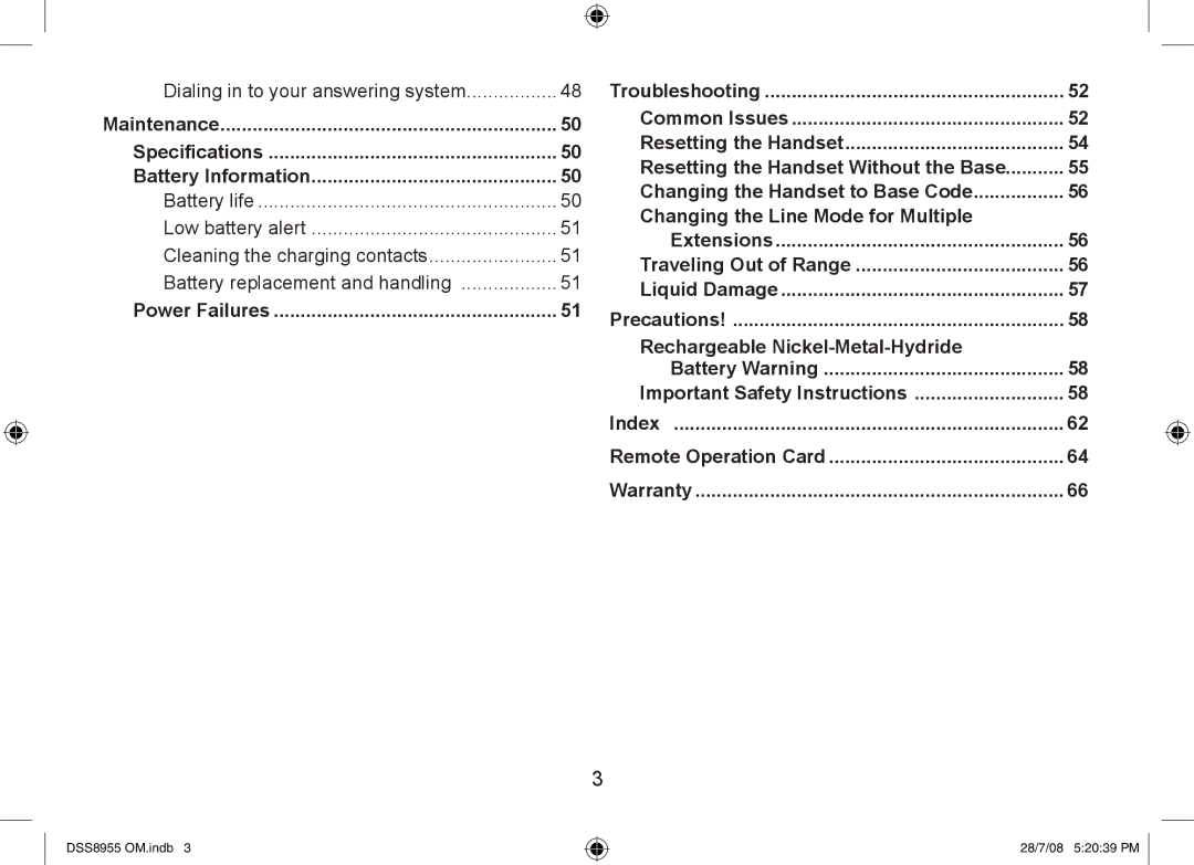 Uniden DSS8955+2, DSS8955+1, DSS8955+3 manual Maintenance Specifications Battery Information 