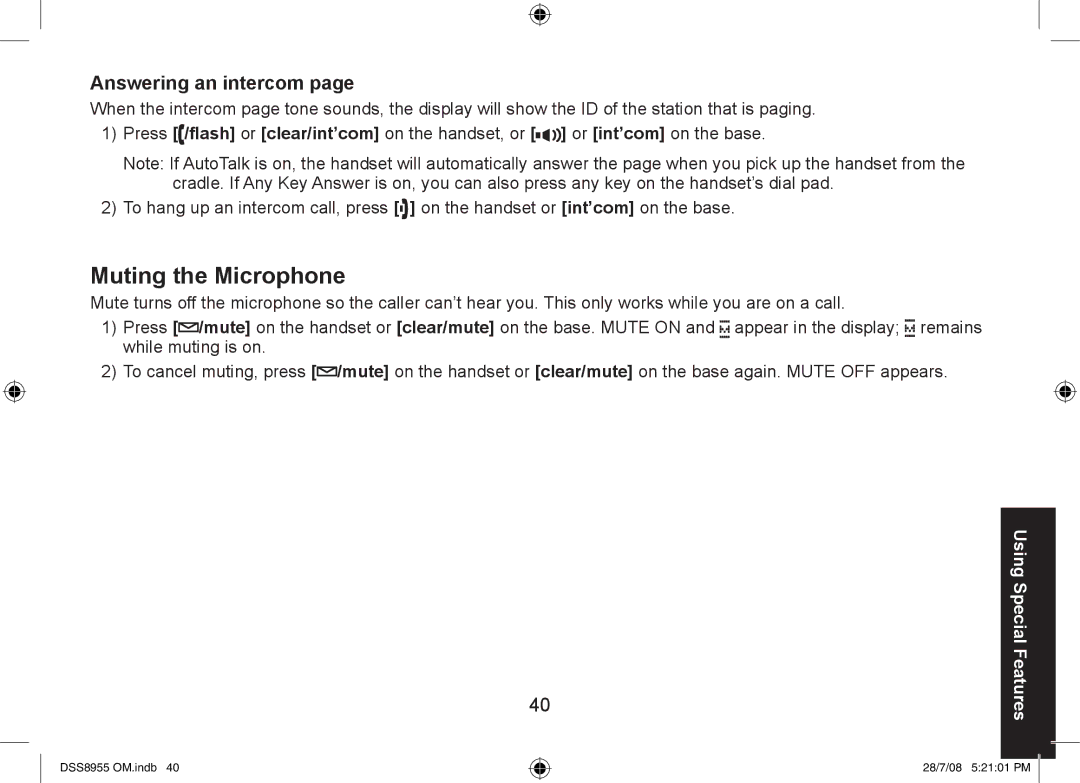 Uniden DSS8955+2, DSS8955+1, DSS8955+3 manual Muting the Microphone, Answering an intercom 