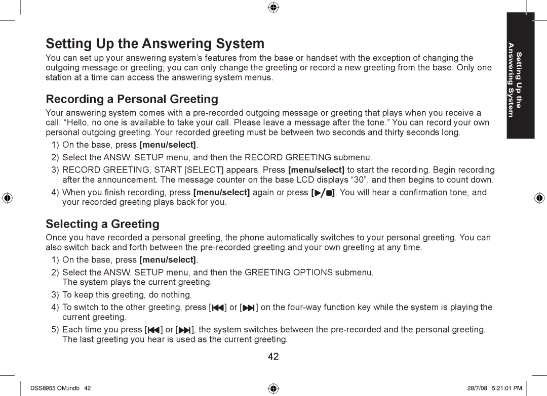 Uniden DSS8955+3, DSS8955+2, DSS8955+1 Setting Up the Answering System, Recording a Personal Greeting, Selecting a Greeting 