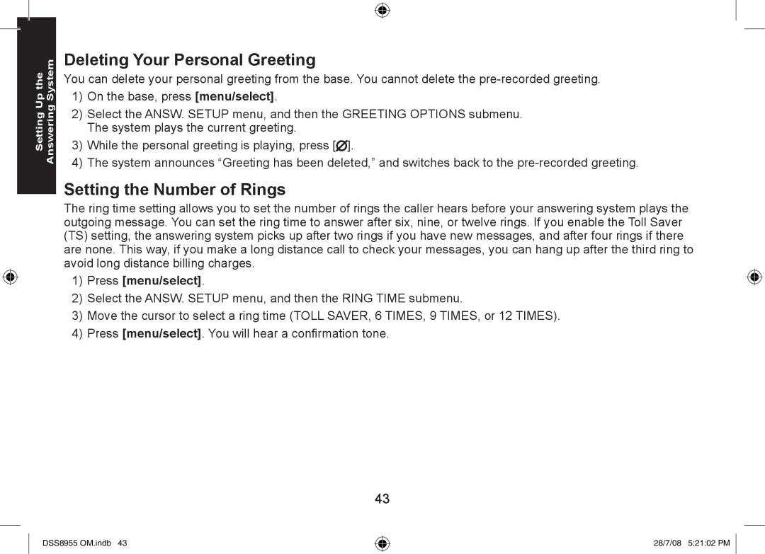 Uniden DSS8955+2, DSS8955+1, DSS8955+3 manual Deleting Your Personal Greeting, Setting the Number of Rings 