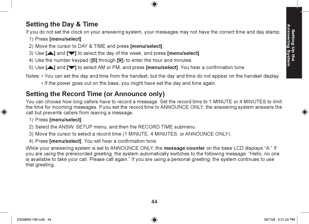 Uniden DSS8955+2, DSS8955+1, DSS8955+3 manual Setting the Day & Time, Setting the Record Time or Announce only 