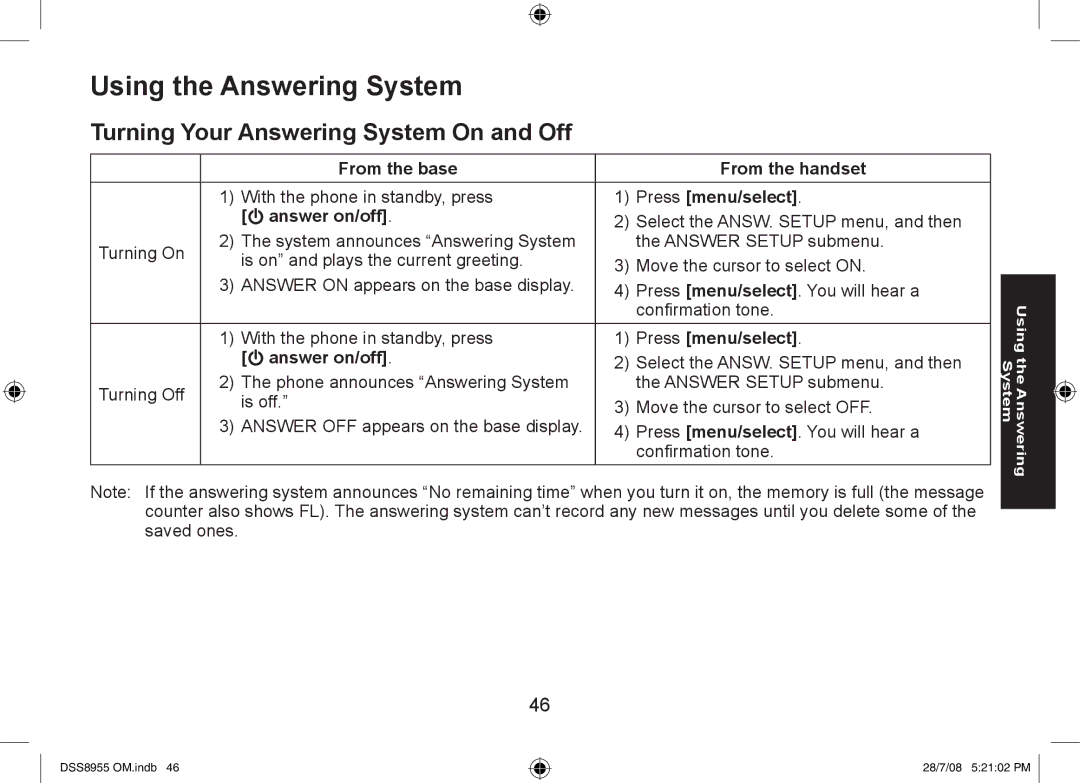 Uniden DSS8955+3 Using the Answering System, Turning Your Answering System On and Off, From the base From the handset 