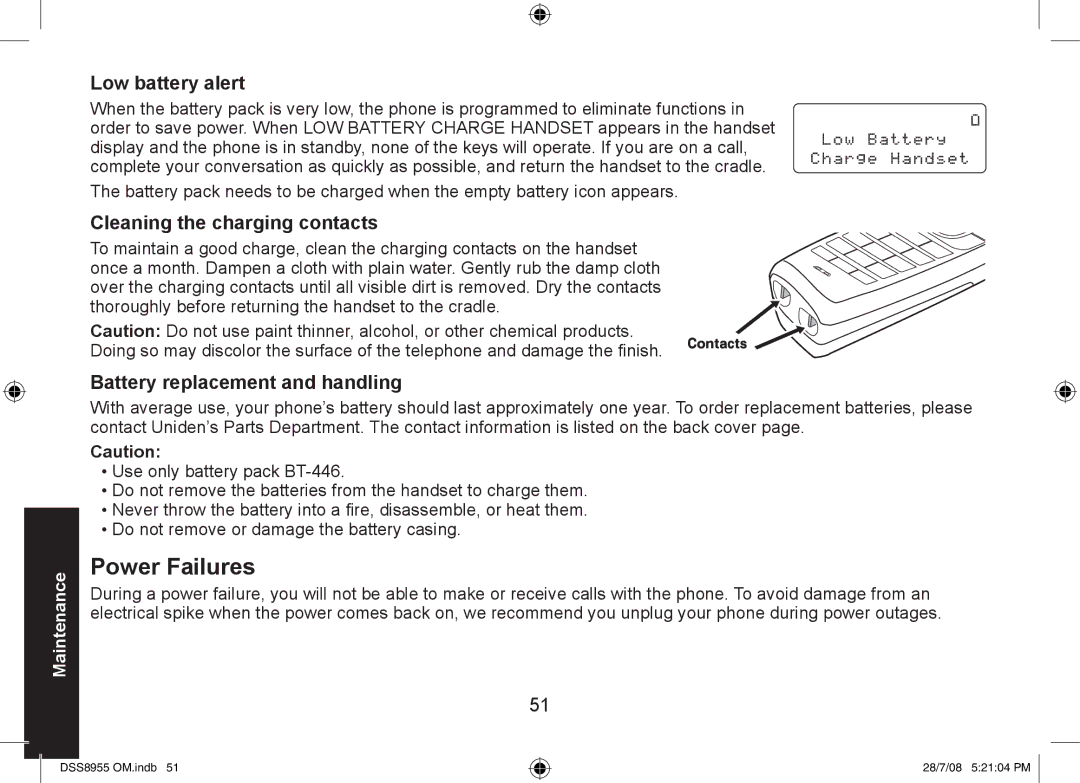 Uniden DSS8955 manual Power Failures, Low battery alert, Cleaning the charging contacts, Battery replacement and handling 