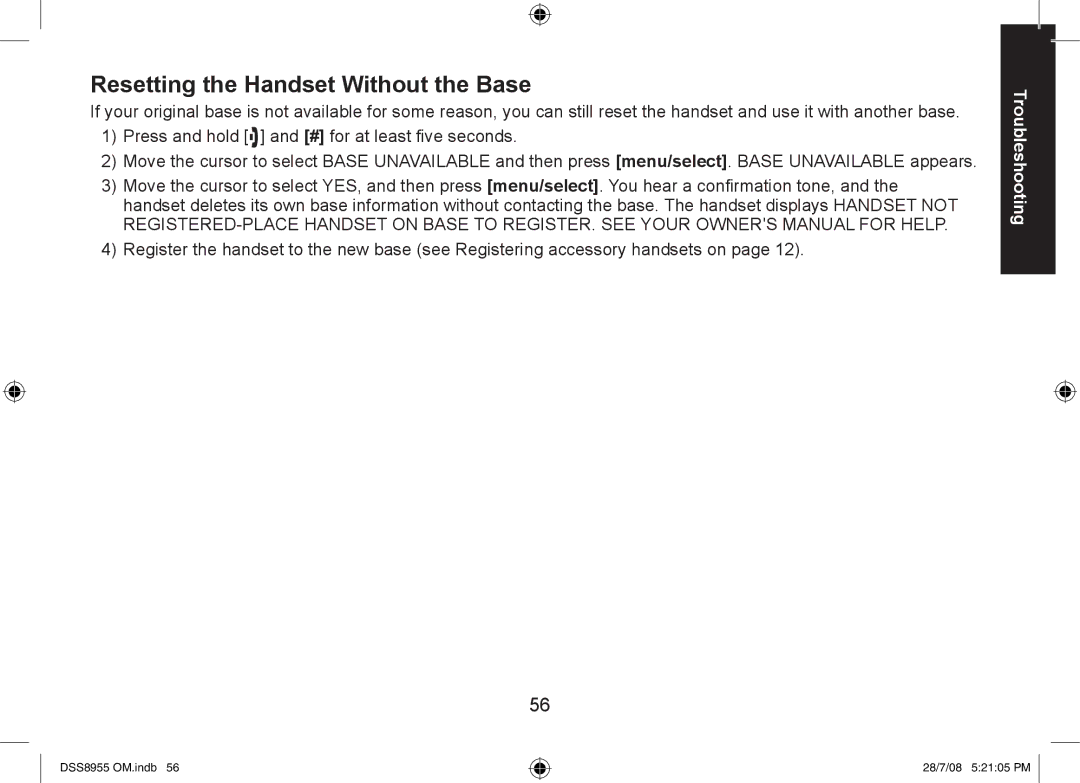 Uniden DSS8955+2, DSS8955+1, DSS8955+3 manual Resetting the Handset Without the Base 