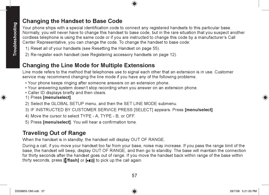 Uniden DSS8955+1 Changing the Handset to Base Code, Changing the Line Mode for Multiple Extensions, Traveling Out of Range 