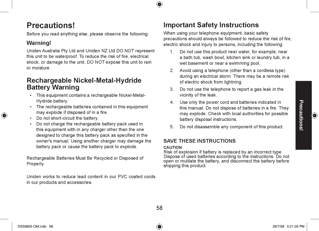 Uniden DSS8955+3, DSS8955+2 Precautions, Rechargeable Nickel-Metal-Hydride Battery Warning, Important Safety Instructions 