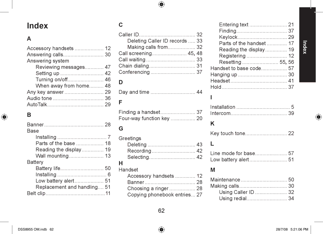 Uniden DSS8955+3, DSS8955+2, DSS8955+1 manual Index 