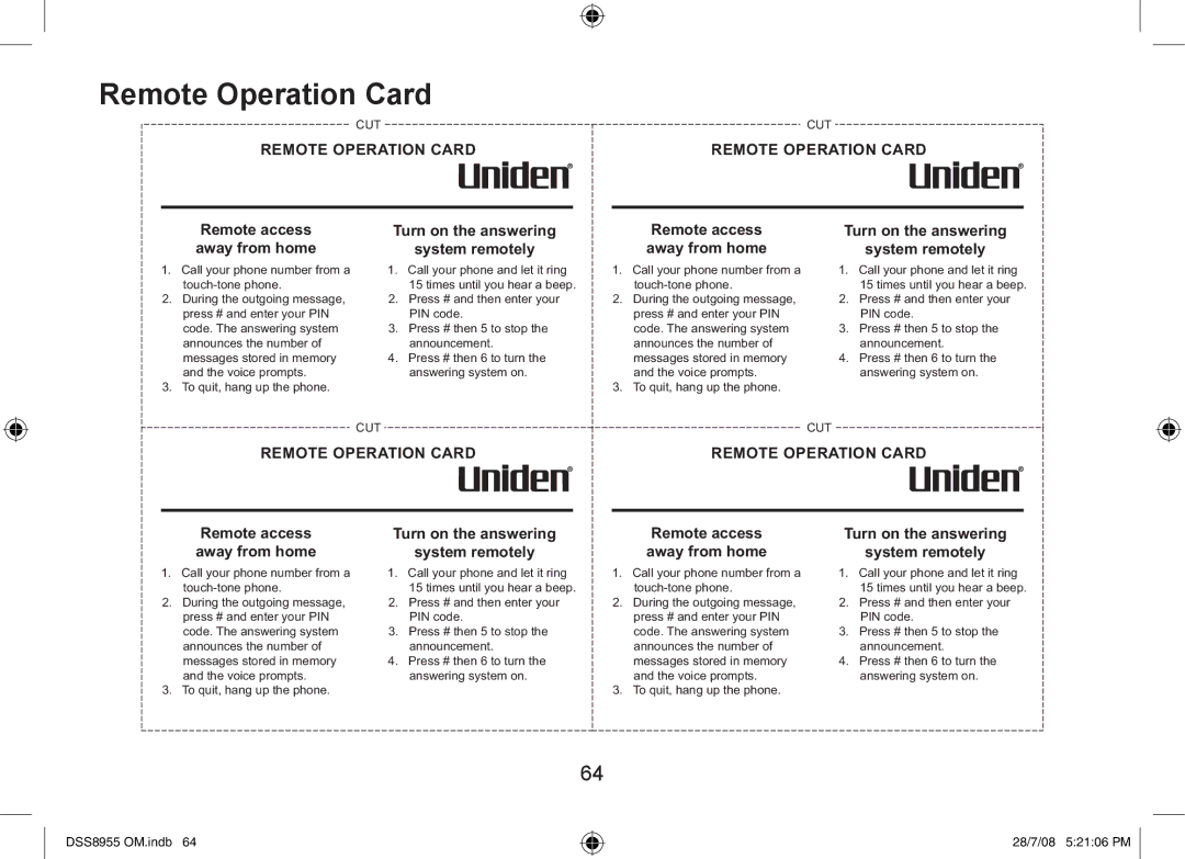 Uniden DSS8955+2, DSS8955+1, DSS8955+3 manual Remote Operation Card, Remote access away from home 