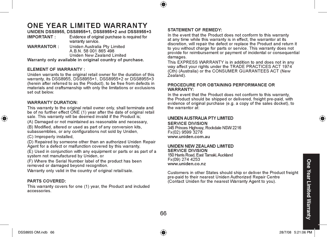 Uniden DSS8955+3, DSS8955+2, DSS8955+1 manual ONE Year Limited Warranty 