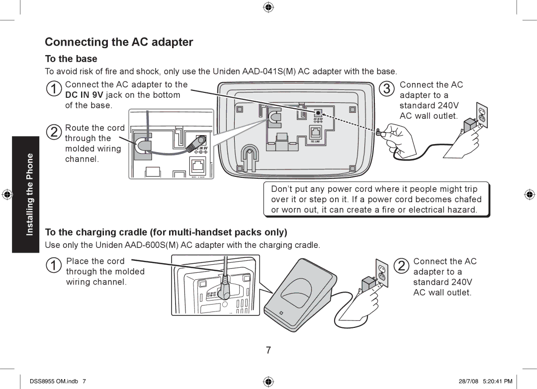 Uniden DSS8955+2, DSS8955+1 Connecting the AC adapter, To the base, To the charging cradle for multi-handset packs only 