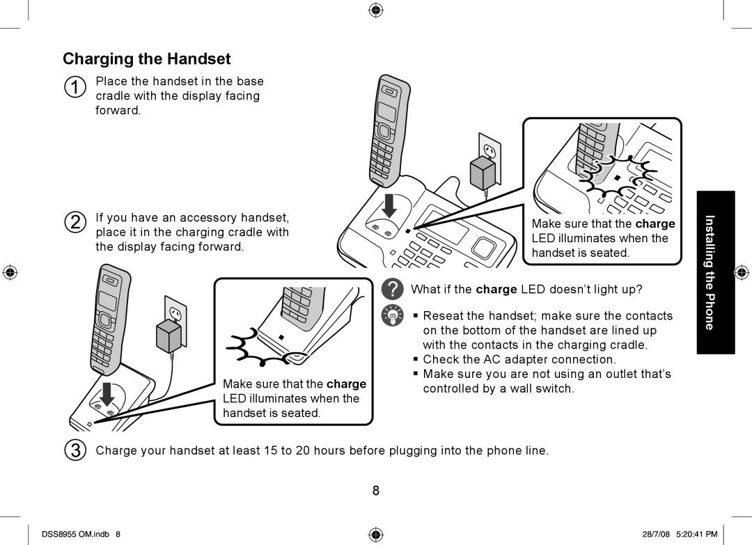 Uniden DSS8955+2, DSS8955+1, DSS8955+3 manual Charging the Handset 