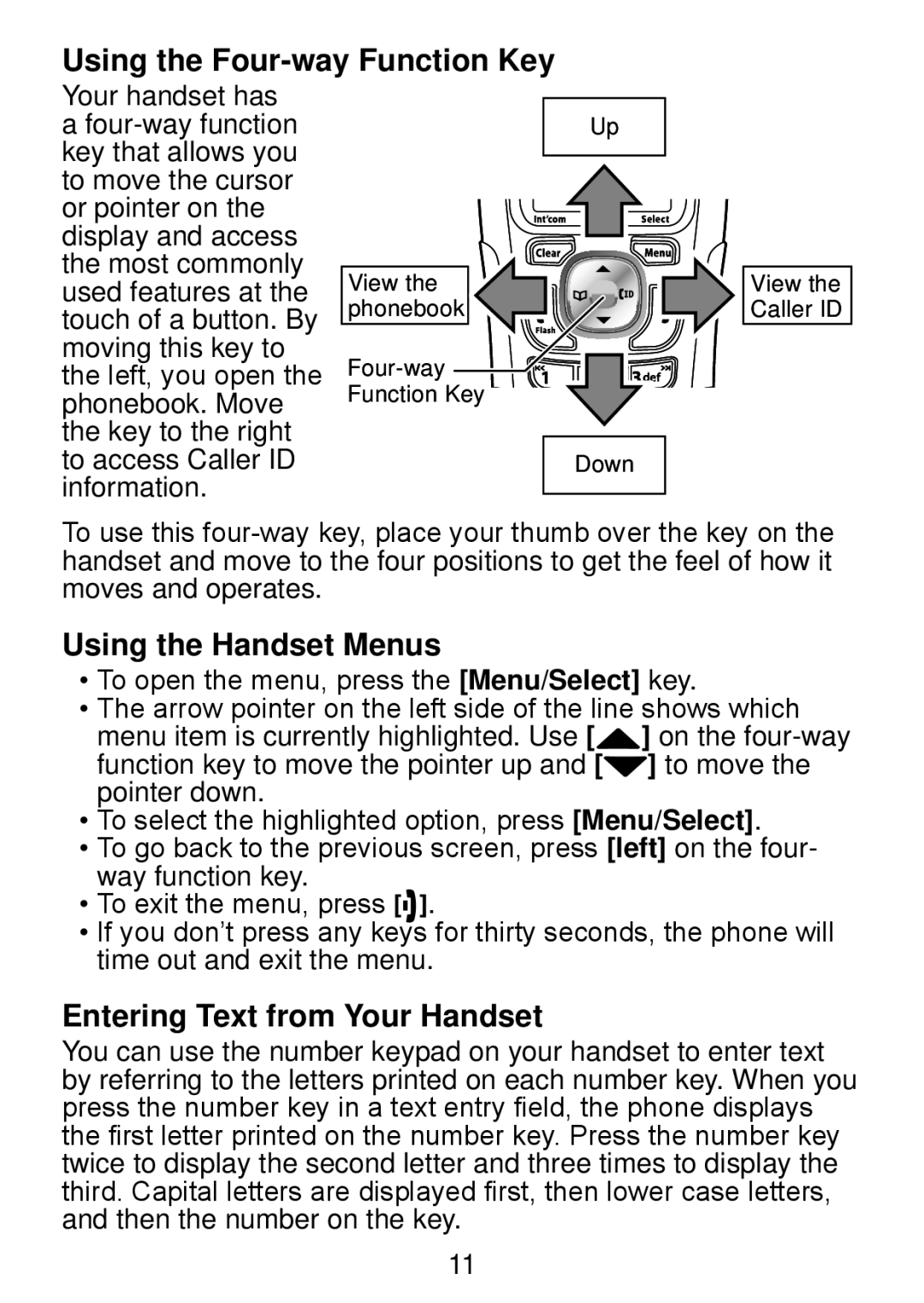 Uniden DWX207 manual Using the Four-way Function Key, Using the Handset Menus, Entering Text from Your Handset 