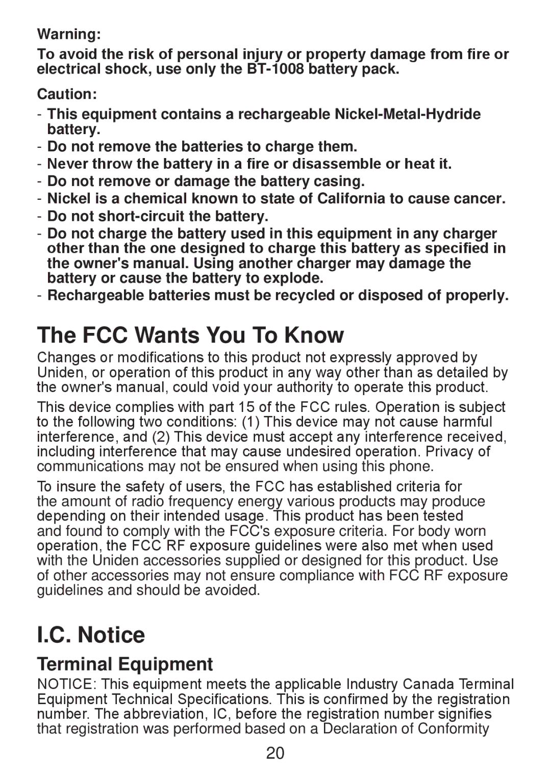 Uniden DWX207 manual FCC Wants You To Know, Terminal Equipment 