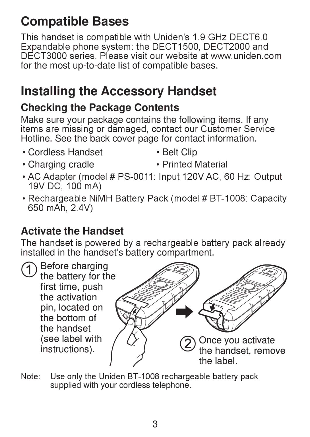 Uniden DWX207 manual Compatible Bases Installing the Accessory Handset, Checking the Package Contents, Activate the Handset 