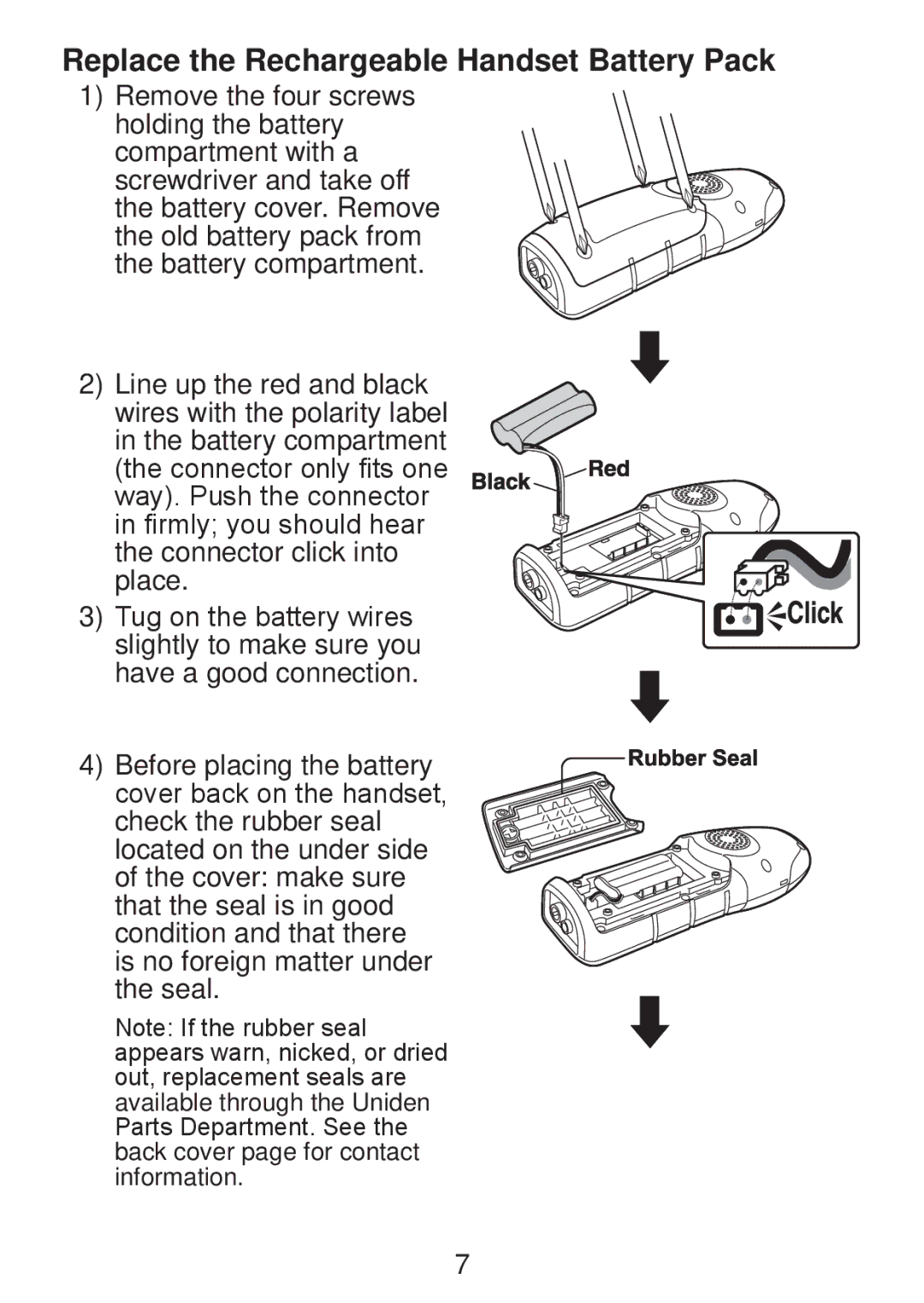 Uniden DWX207 manual Replace the Rechargeable Handset Battery Pack 