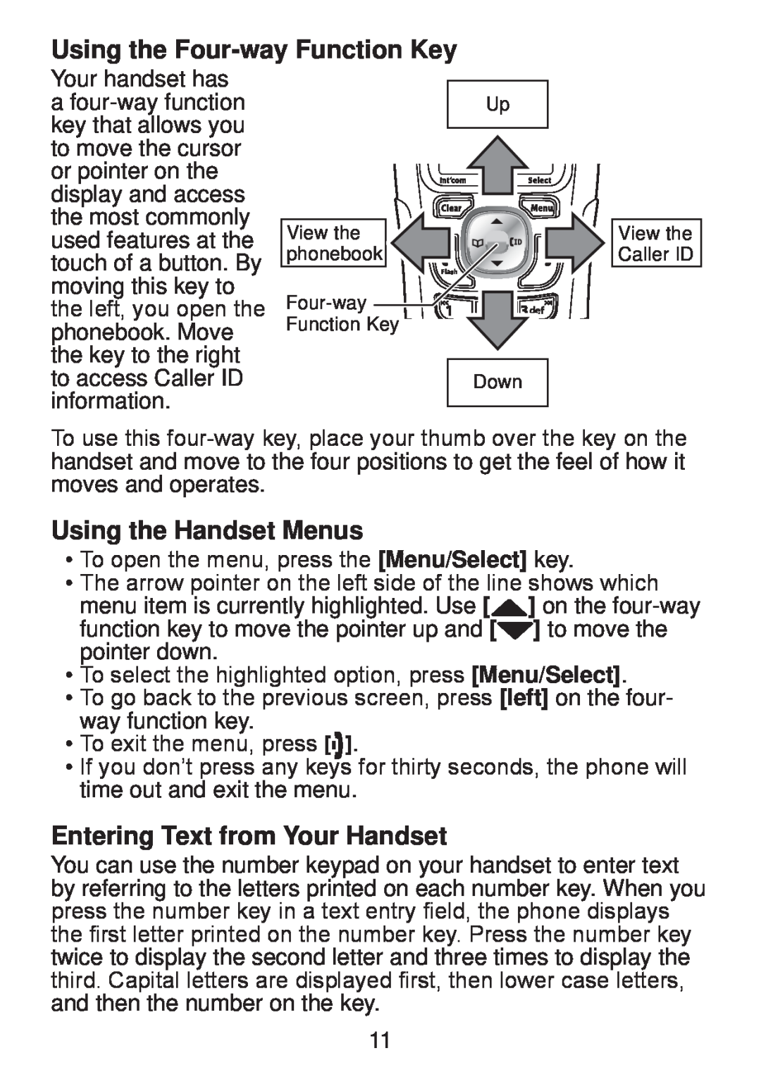Uniden DWX207 manual Using the Four-way Function Key, Using the Handset Menus, Entering Text from Your Handset 
