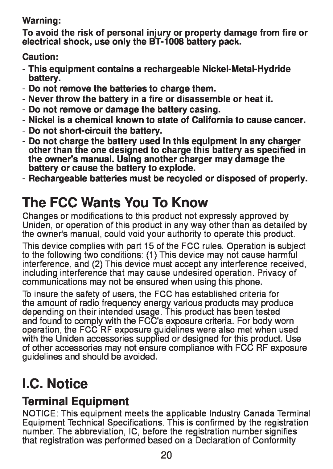 Uniden DWX207 manual The FCC Wants You To Know, I.C. Notice, Terminal Equipment 