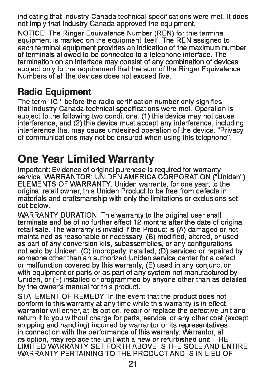 Uniden DWX207 manual One Year Limited Warranty, Radio Equipment 