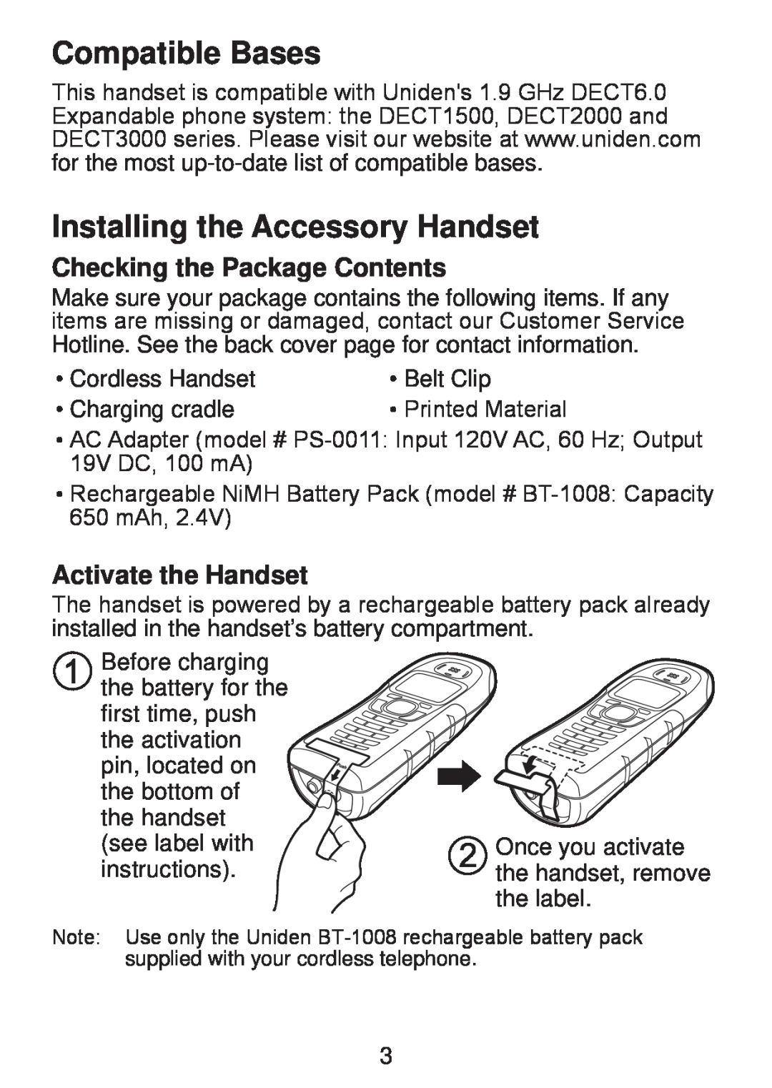 Uniden DWX207 Compatible Bases, Installing the Accessory Handset, Checking the Package Contents, Activate the Handset 