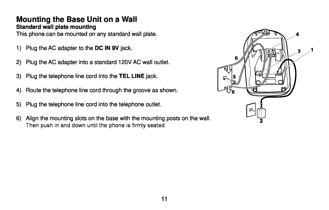 Uniden DX14560 Series, DX14561 Series manual Mounting the Base Unit on a Wall, Standard wall plate mounting 
