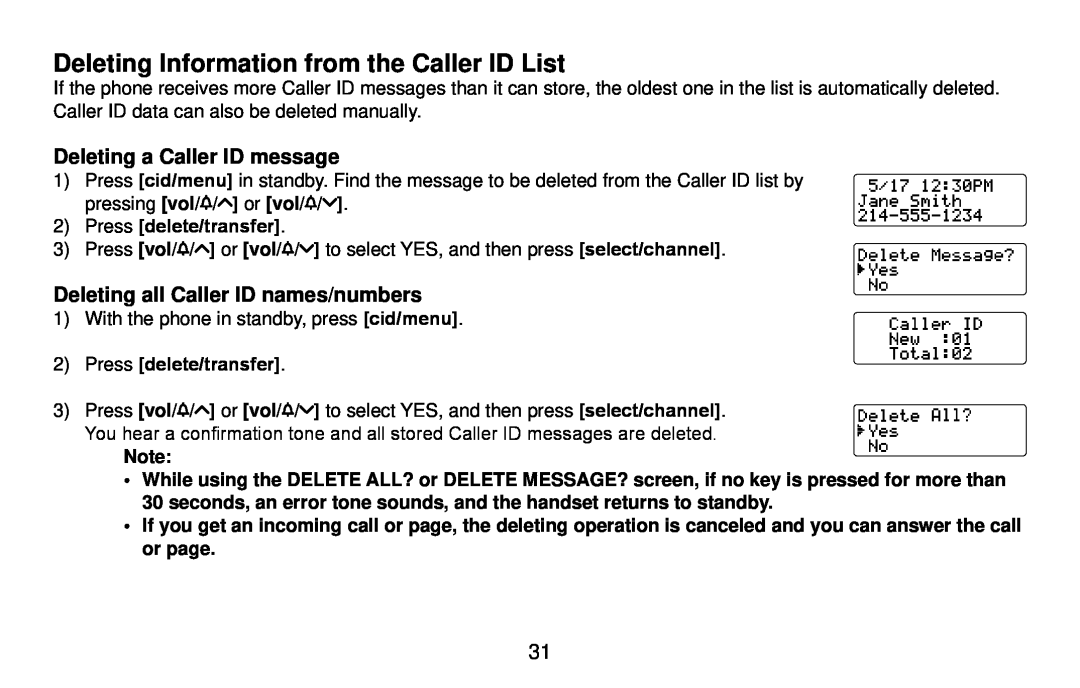 Uniden DX14560 Series, DX14561 Series manual Deleting Information from the Caller ID List, Deleting a Caller ID message 