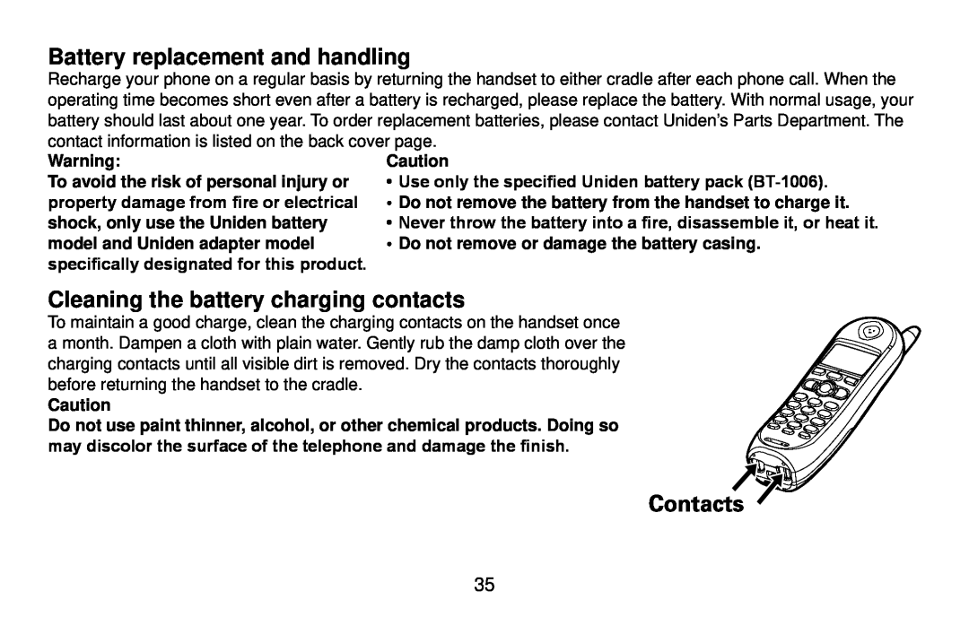 Uniden DX14560 Series, DX14561 Series manual Battery replacement and handling, Cleaning the battery charging contacts 