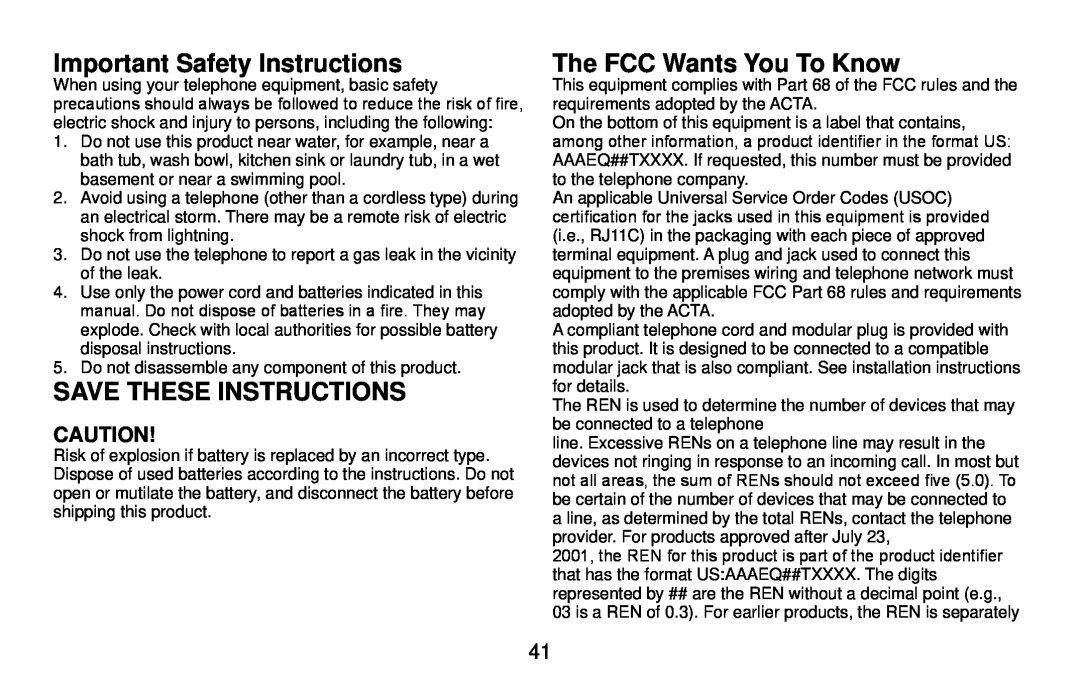 Uniden DX14560 Series, DX14561 Series Important Safety Instructions, Save These Instructions, The FCC Wants You To Know 