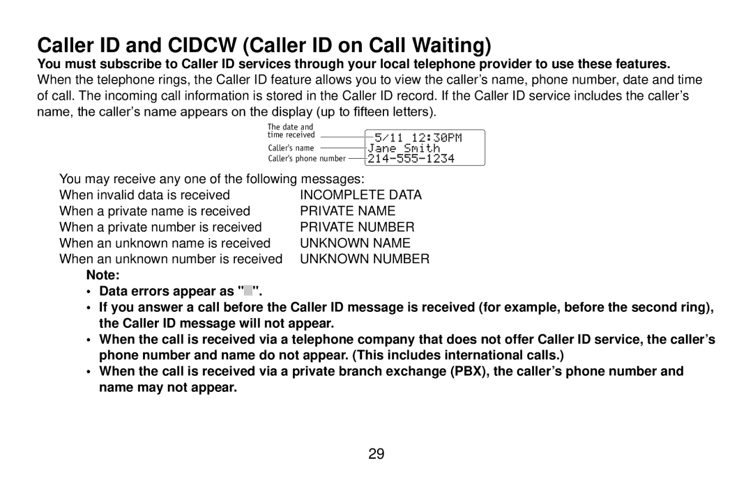 Uniden DX15686 Series manual Caller ID and Cidcw Caller ID on Call Waiting 