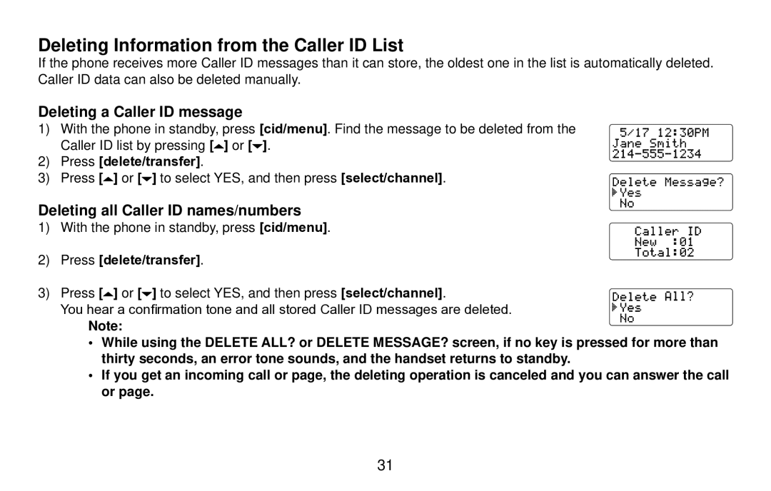 Uniden DX15686 Series Deleting Information from the Caller ID List, Deleting a Caller ID message, Press delete/transfer 