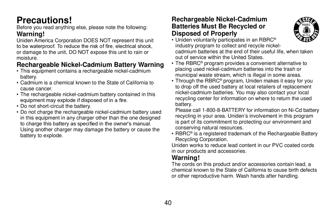 Uniden DX15686 Series manual Precautions, Rechargeable Nickel-Cadmium Battery Warning 