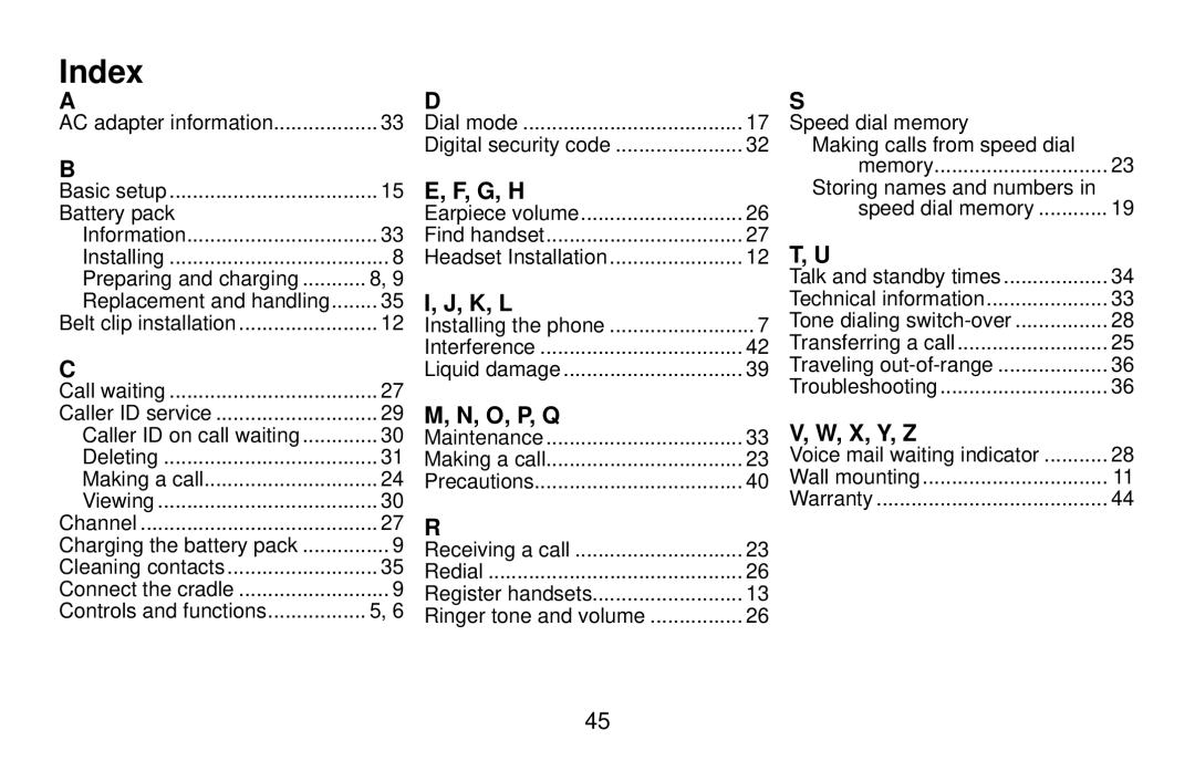 Uniden DX15686 Series manual Index, G, H, K, L, O, P, Q, X, Y, Z 