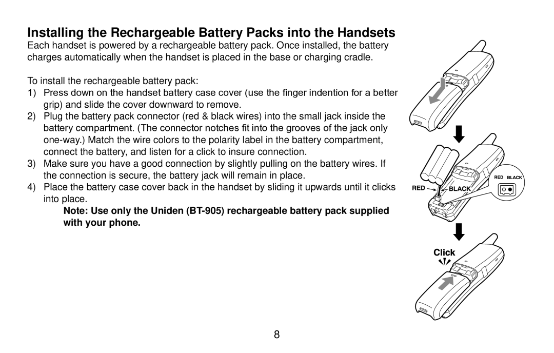 Uniden DX15686 Series manual Installing the Rechargeable Battery Packs into the Handsets 