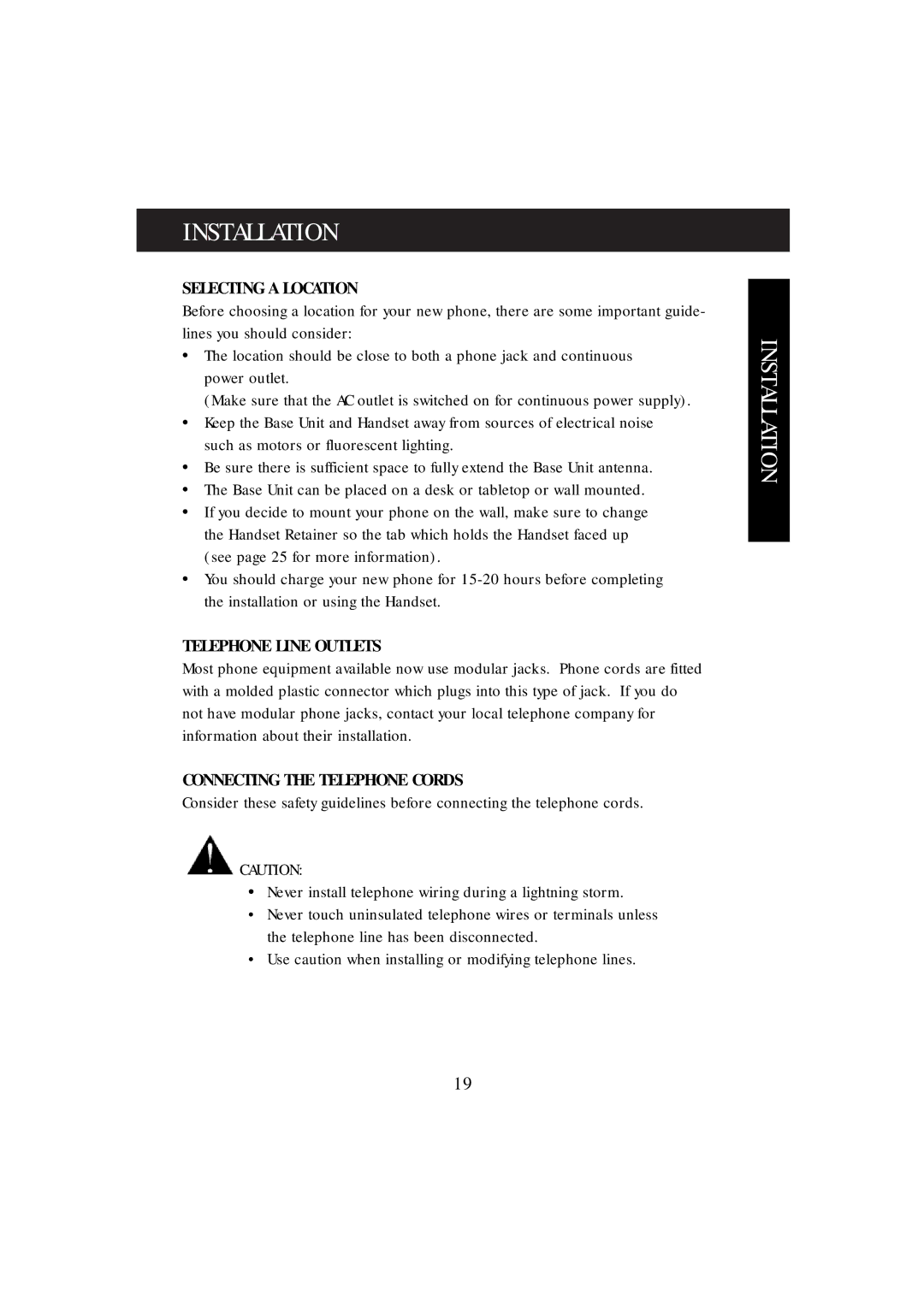 Uniden DX8200 manual Installation, Selecting a Location, Telephone Line Outlets, Connecting the Telephone Cords 