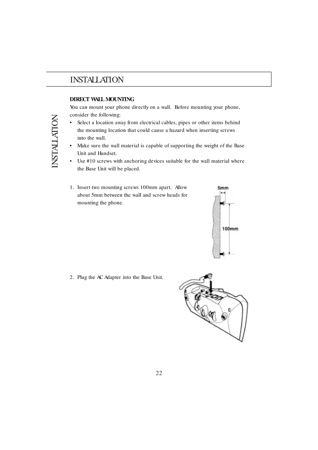 Uniden DX8200 manual Direct Wall Mounting 