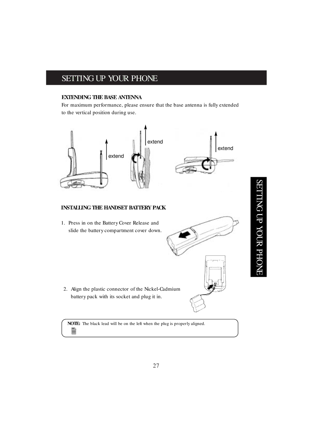 Uniden DX8200 manual Setting UP Your Phone, Extending the Base Antenna, Installing the Handset Battery Pack 