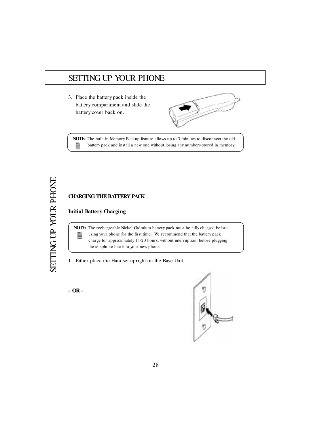 Uniden DX8200 manual Setting UP Your Phone, Charging the Battery Pack, Initial Battery Charging 