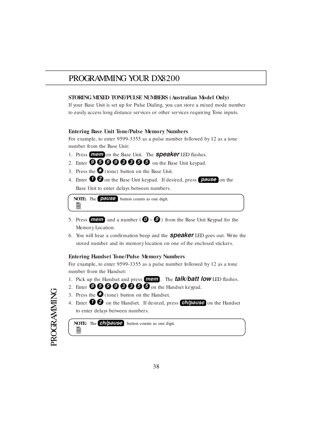 Uniden DX8200 manual Entering Base Unit Tone/Pulse Memory Numbers, Entering Handset Tone/Pulse Memory Numbers 